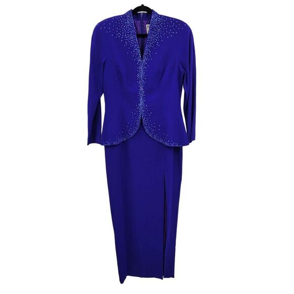 Vintage 80's Daymor Couture Gown 6 Blue Peplum Beaded Front Slit Modest Sexy - Picture 3 of 17